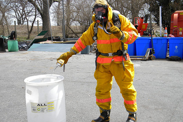 man in protective suit